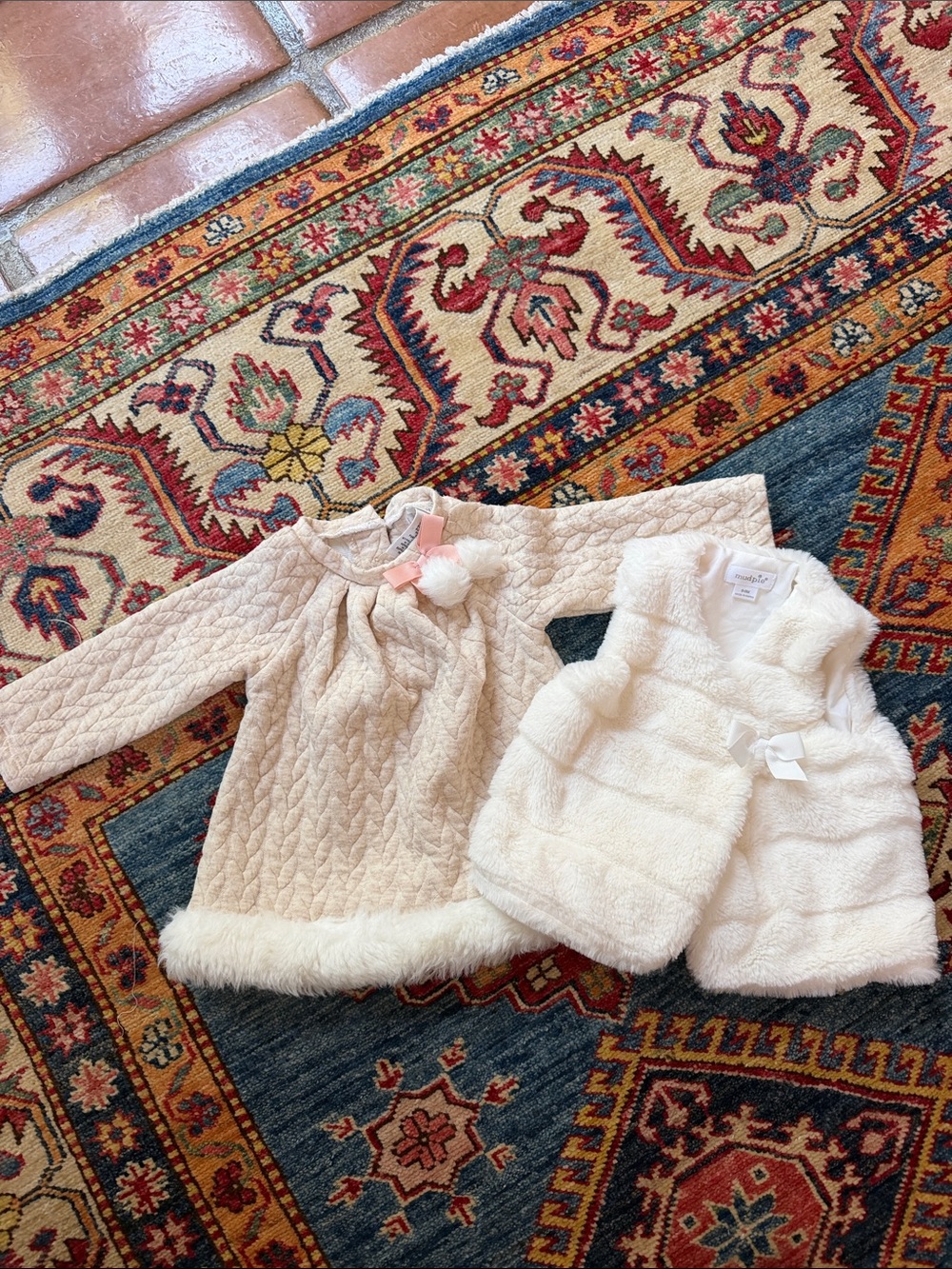 Mud Pie Cream Quilted Dress and Faux Fur Vest Set